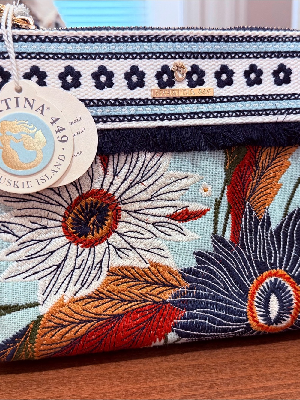 Spartina 449 Embroidered Floral Wristlet in Light Blue, Navy, Orange, White